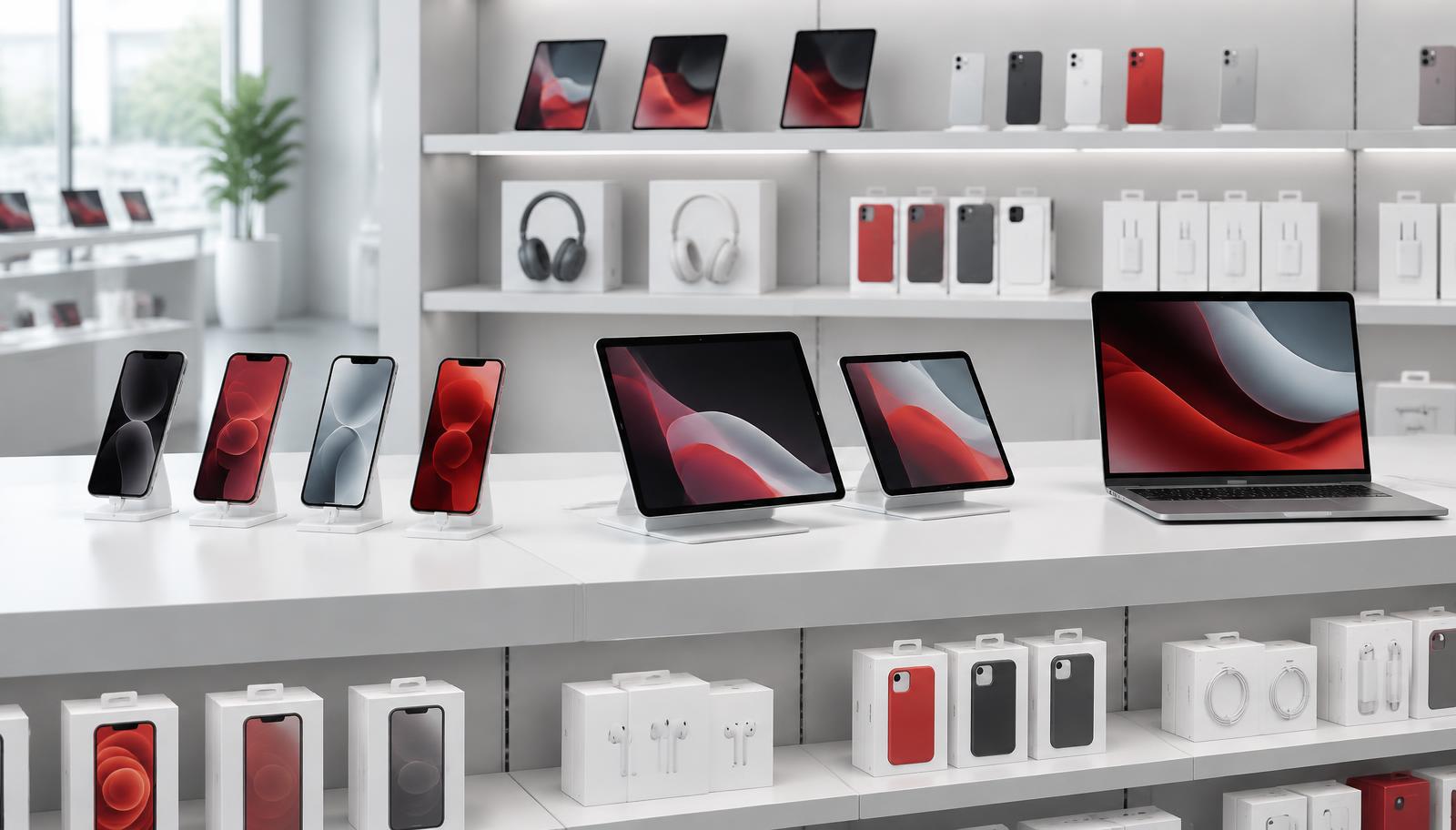 Smartphones, tablets, laptops, smart watches and headphones on a retail display